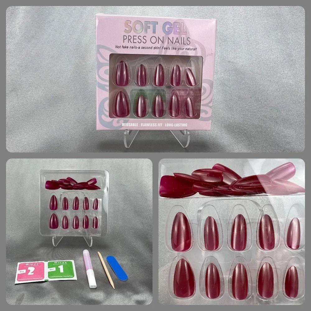 24pcs Soft Gel‎ Press On Nails Cat Eye Magenta Pink Almond Shimmer Reusable Kit